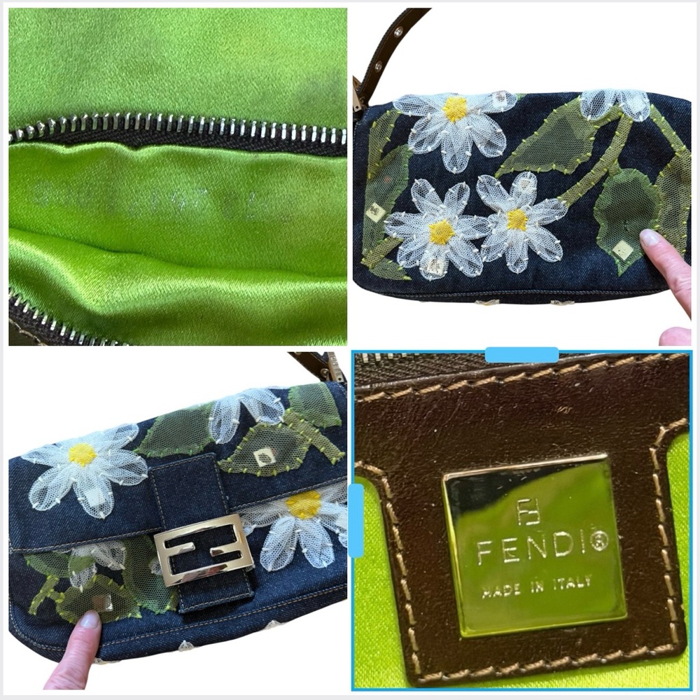 Vintage Fendi Daisy Embroidered Denim Baguette Flower Mesh Appliqué Y2K Bag - Picture 10 of 16